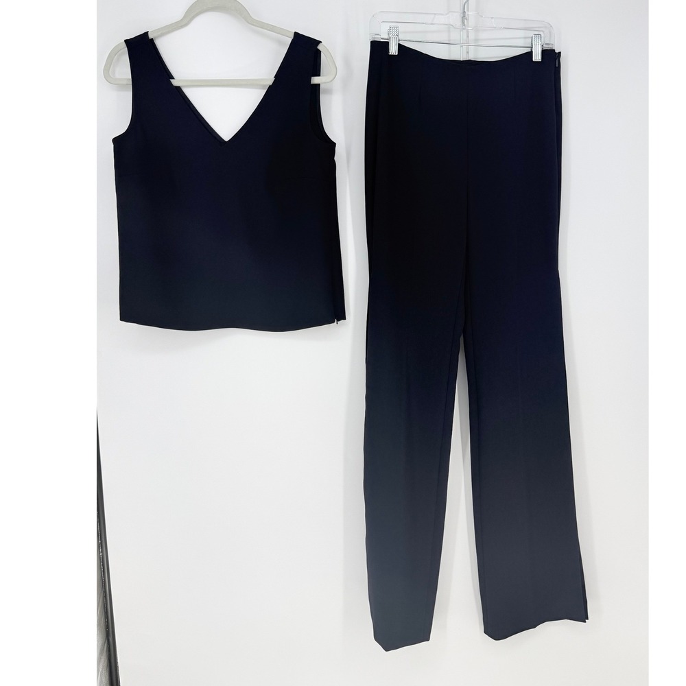 W by Worth Pant Suit Womens 4/2 Navy Blue Crepe Sleeveless V-Neck Professional